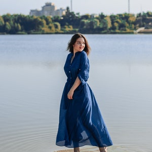 Silk Blue Dress 3/4 Sleeve Maxi Spring Cottagecore Dress Women Aesthetic Clothing image 6