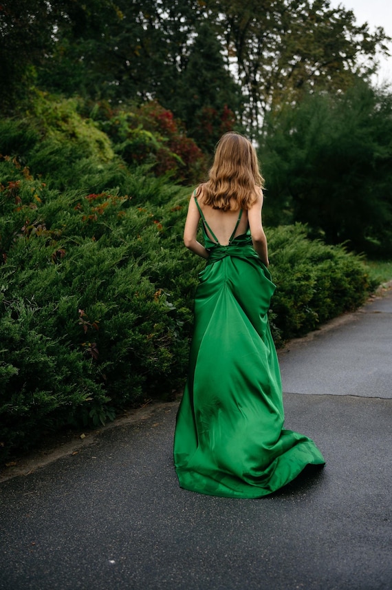 Green Viscose Silk Evening Dress, Open Back, Formal Gala Gown