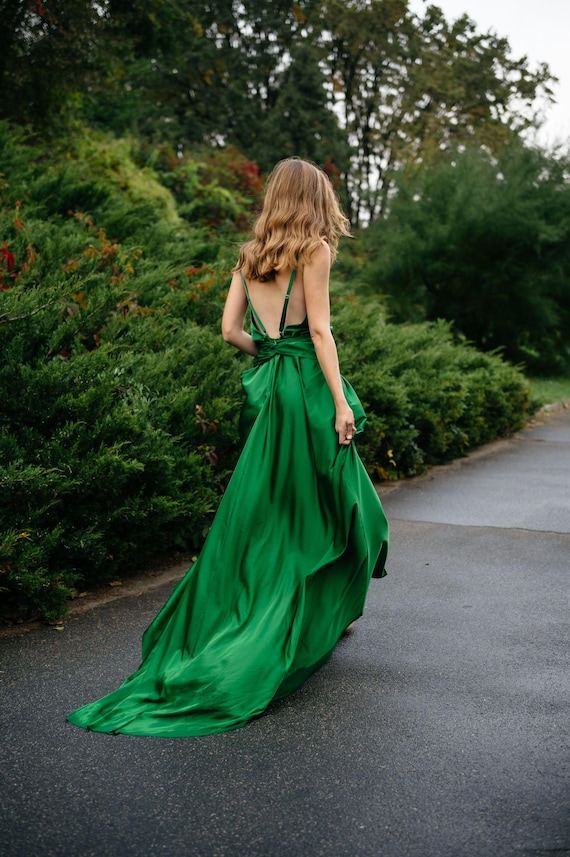 long flowy satin dress Green Silk Maxi Dress: Open Back Wedding, 'Atonement' Style basic top