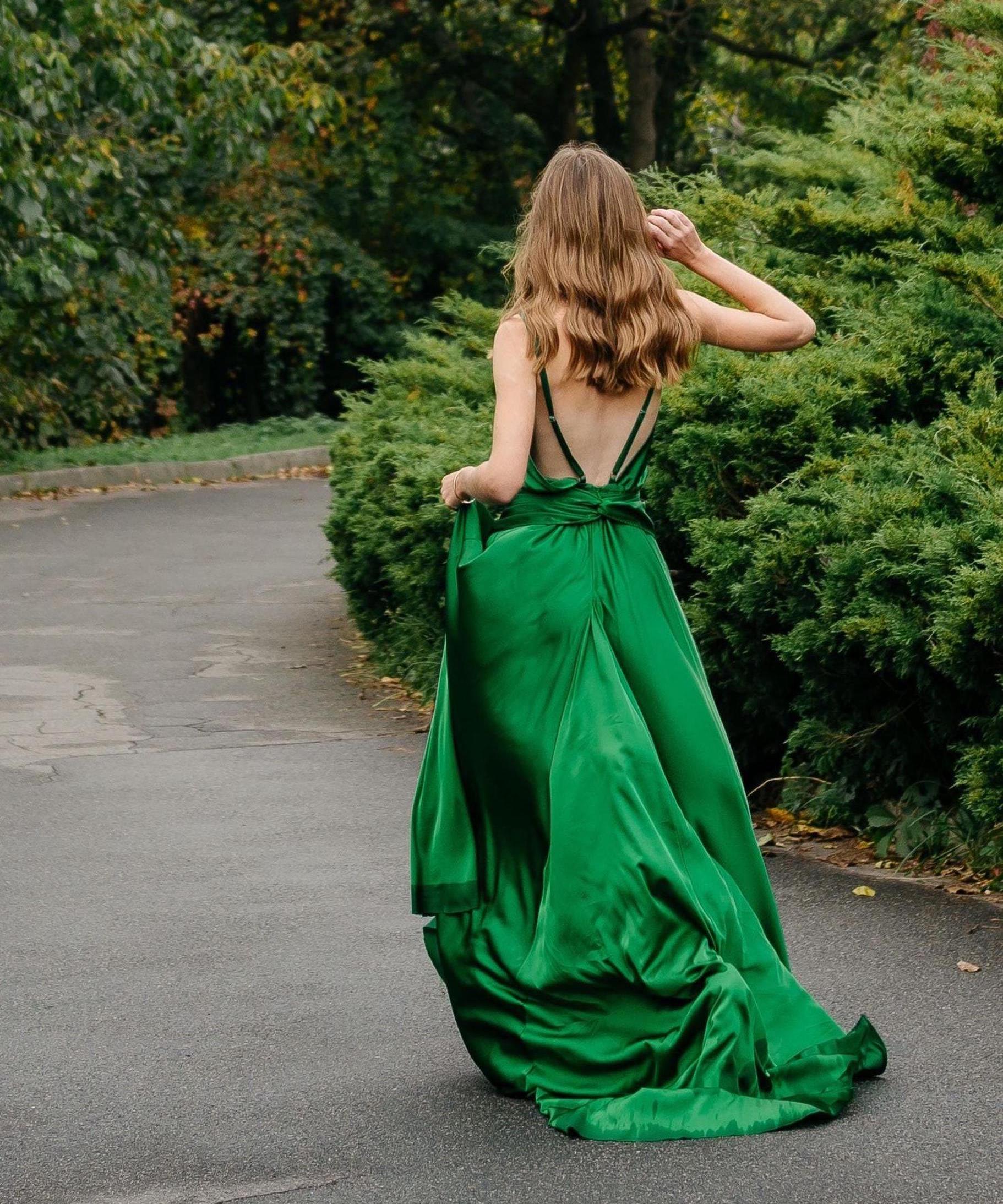 smooth sounds maxi dress green Viscose Dress: Open Back Evening Gown, Adjustable Straps Christmas dresses
