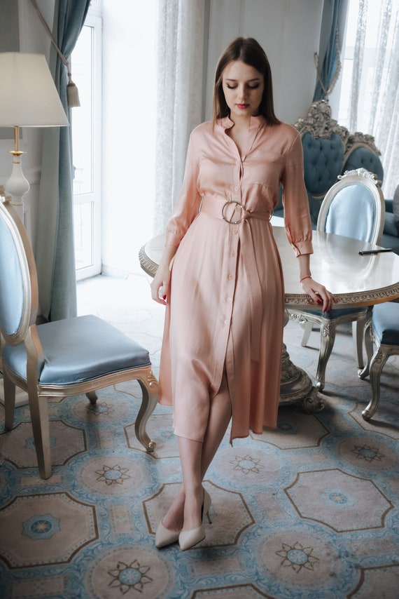 Beige Tencel Maxi Dress: 3/4 Sleeve Spring Cottagecore Style