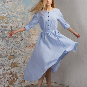 Blue Maxi Midi Spring Summer Dress Thin Stripe Long Sleeve Cottagecore Aesthetic Clothing image 5