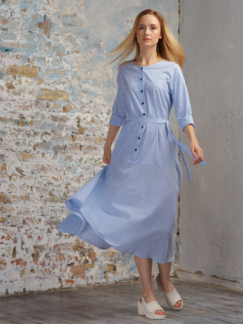 Blue Maxi Midi Spring Summer Dress Thin Stripe Long Sleeve Cottagecore Aesthetic Clothing image 6