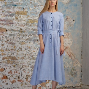 Blue Maxi Midi Spring Summer Dress Thin Stripe Long Sleeve Cottagecore Aesthetic Clothing image 3
