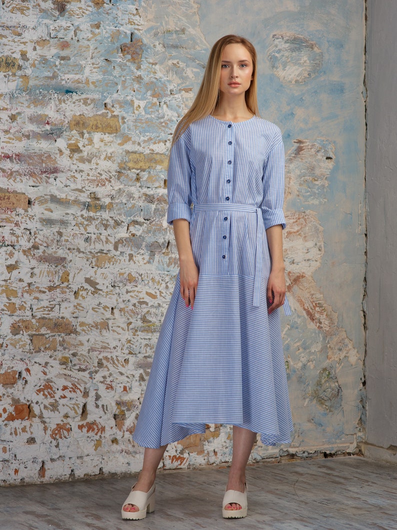 Blue Maxi Midi Spring Summer Dress Thin Stripe Long Sleeve Cottagecore Aesthetic Clothing image 3