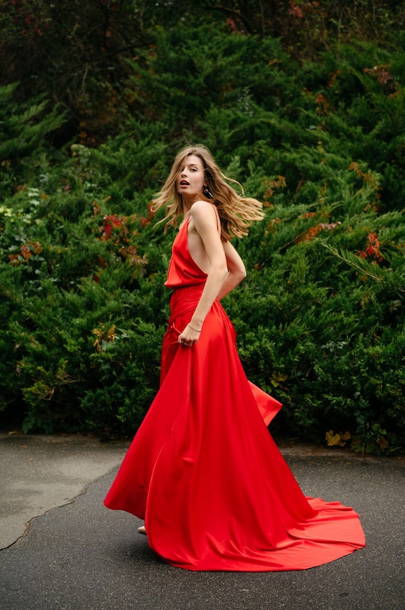 backless red satin dress Red Silk Strapless Maxi Dress: Formal Backless Gown with Train