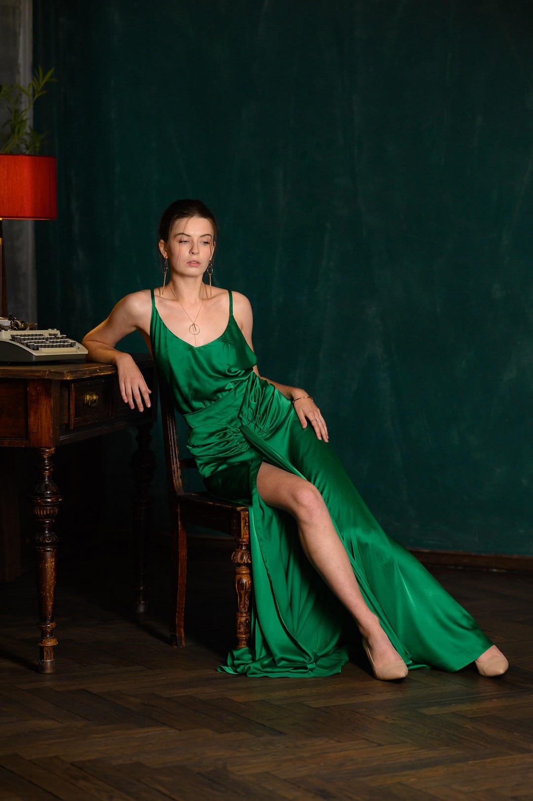 Green Silk Evening Dress, Open Back, Atonement Movie Inspired, Perforated Bodice Green Silk Evening Dress, Open Back, Atonement Movie Inspired, Perforated Bodice
