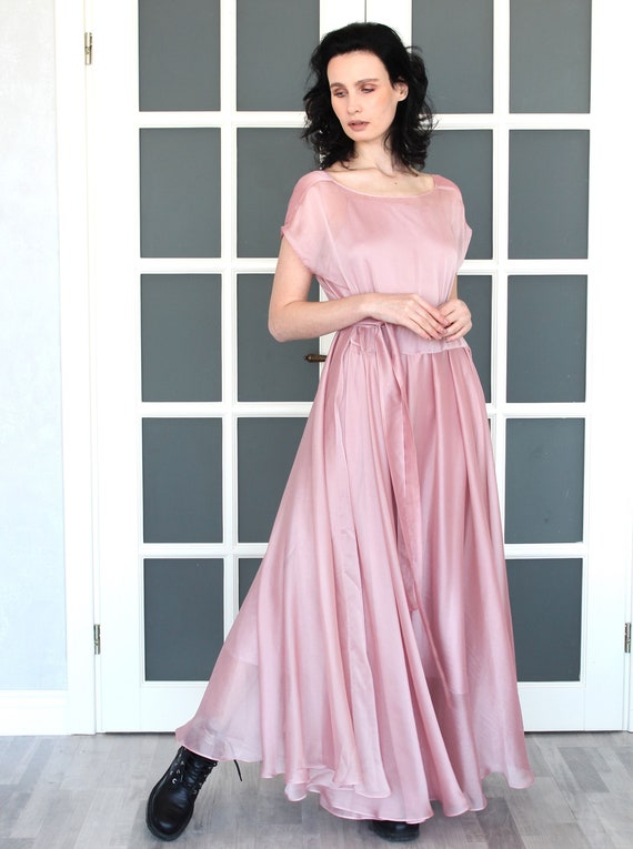 viscose chiffon dress Pink Maxi Dress: V-neck Open Back Gown WG2532 while sheer long sleeves Ways of wearing beige Ritu kumar Size:Extra small