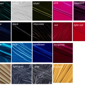 May include: A color chart of 18 different velvet fabric swatches. The swatches are arranged in a grid of four rows and five columns. The colors include dark green, milky, khaki, pink, eggplant, dark blue, black, chocolate, red, light red, sea wave, blue, cornflower, burgundy, beige, light gray, gray, and mustard.