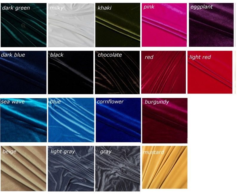 May include: A color chart of 18 different velvet fabric swatches. The swatches are arranged in a grid of four rows and five columns. The colors include dark green, milky, khaki, pink, eggplant, dark blue, black, chocolate, red, light red, sea wave, blue, cornflower, burgundy, beige, light gray, gray, and mustard.
