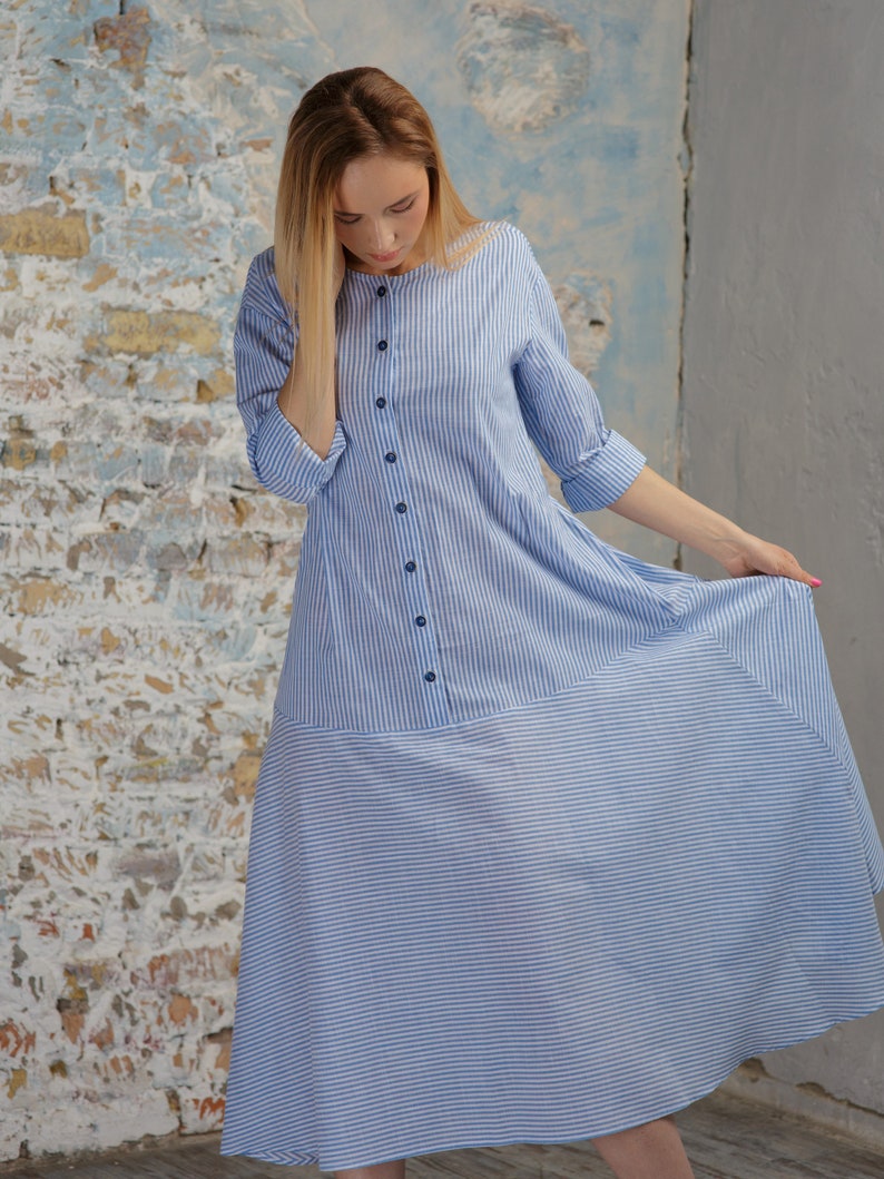 Blue Maxi Midi Spring Summer Dress Thin Stripe Long Sleeve Cottagecore Aesthetic Clothing image 8