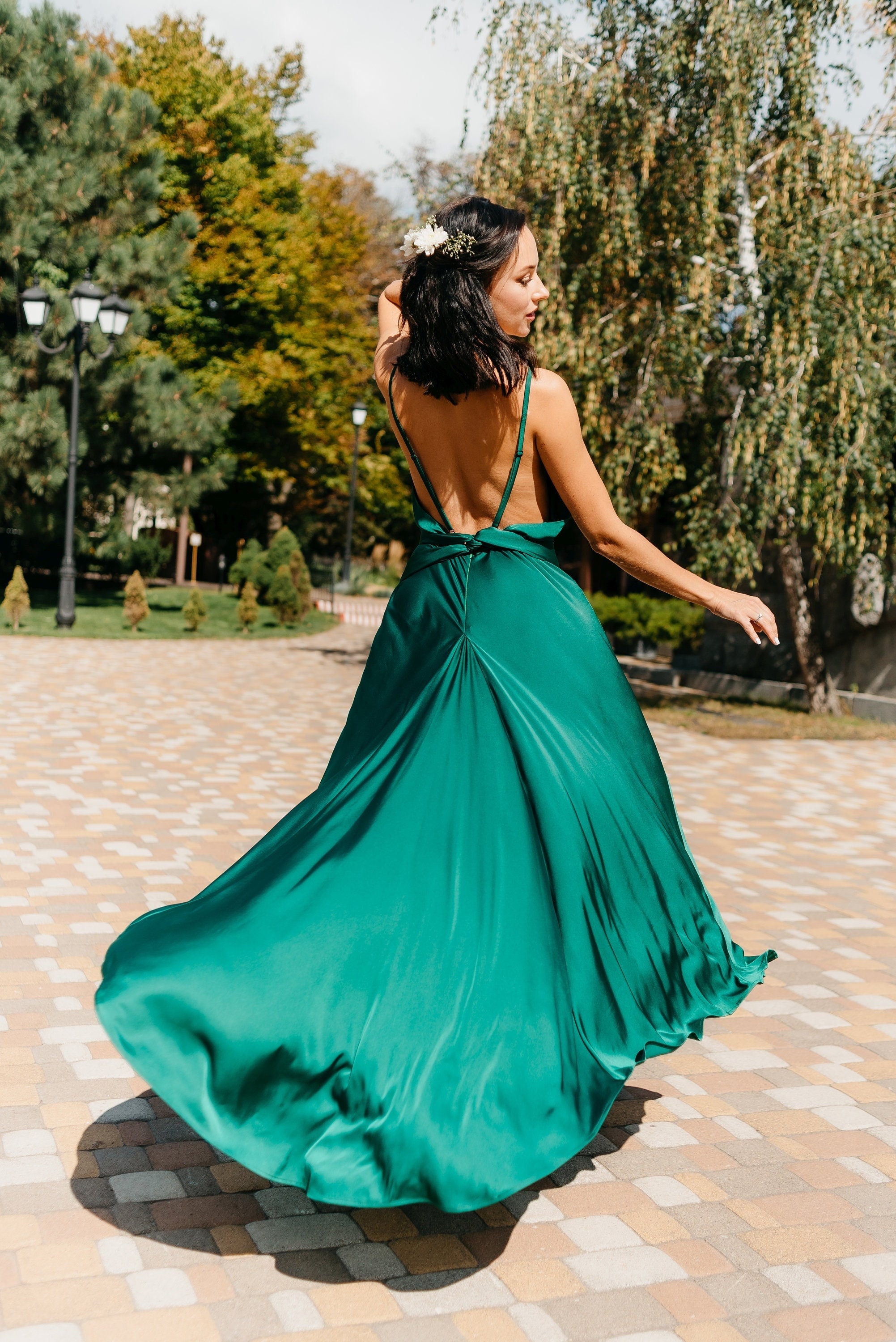 Green Satin Maxi Dress: Open Back, Backless Evening Gown Green Satin Maxi Dress: Open Back, Backless Evening Gown