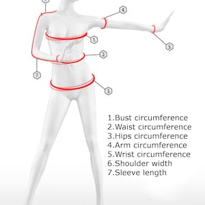 May include: Diagram showing how to measure bust, waist, hips, arm, wrist, shoulder width, and sleeve length on a white mannequin.