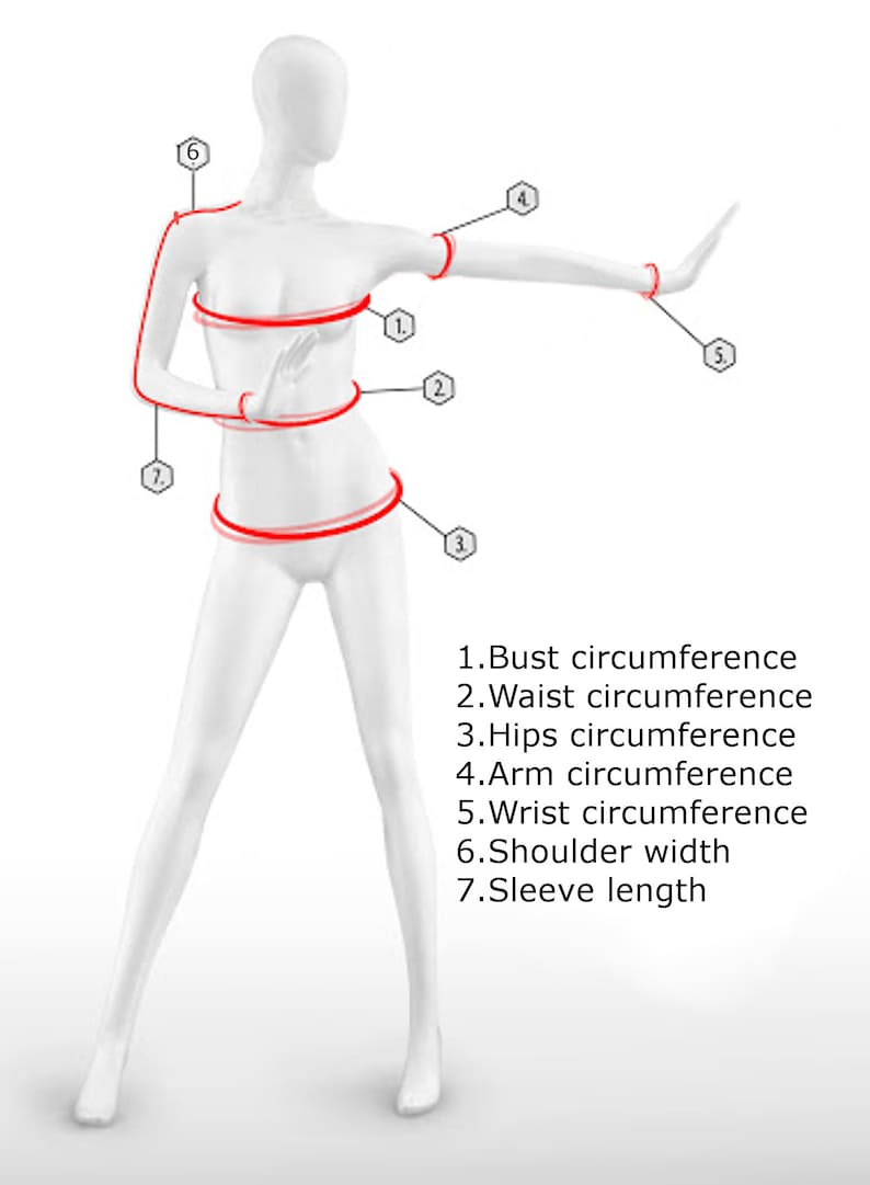 May include: Diagram showing how to measure bust, waist, hips, arm, wrist, shoulder width, and sleeve length on a white mannequin.