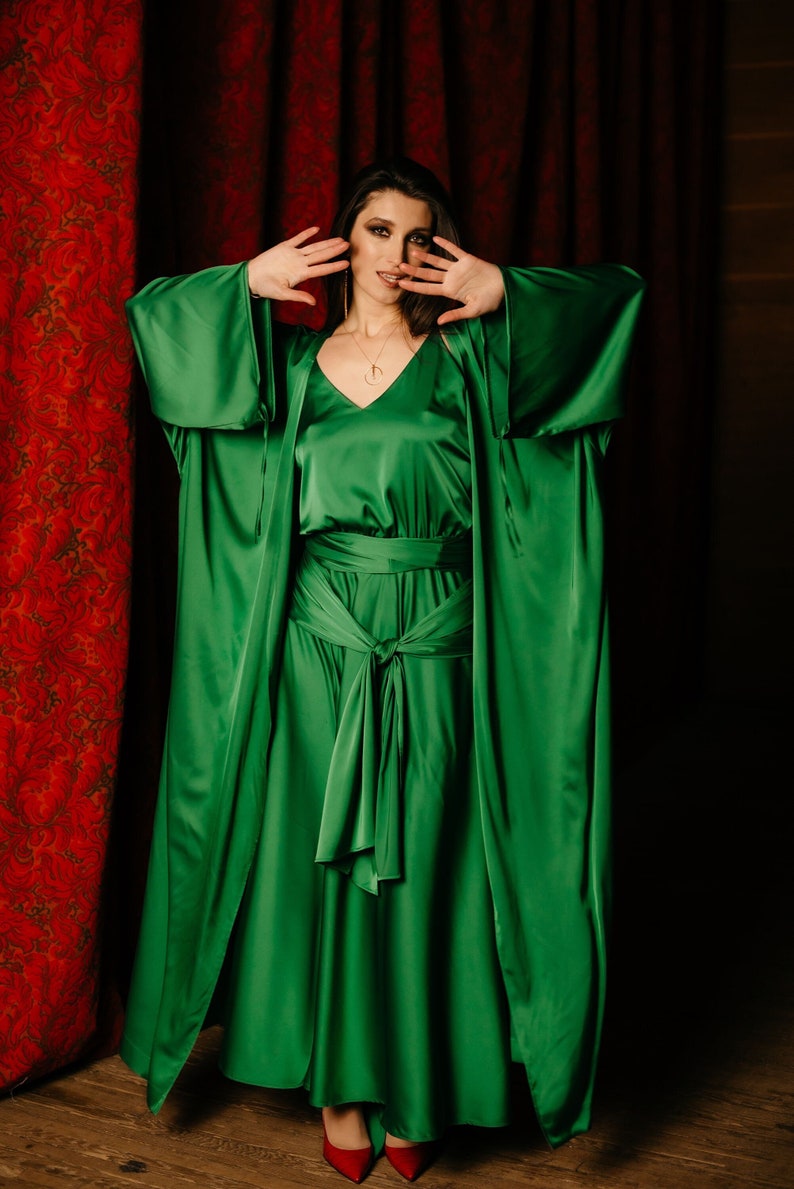 Long silk blend kimono robe, Bridesmaids Silk Robe, Wedding Dressing Gown Silk green kimono, boho robe, maxi kimono Cecilia in Atonement image 3