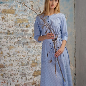 Blue Maxi Midi Spring Summer Dress Thin Stripe Long Sleeve Cottagecore Aesthetic Clothing image 4