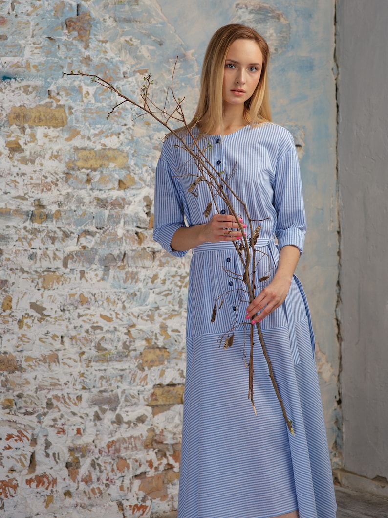 Blue Maxi Midi Spring Summer Dress Thin Stripe Long Sleeve Cottagecore Aesthetic Clothing image 4