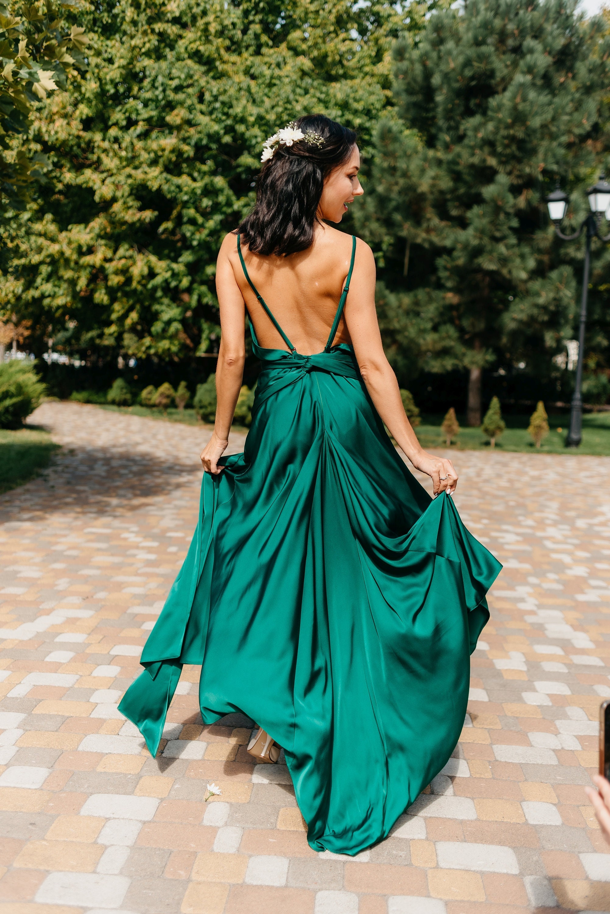 green backless dress