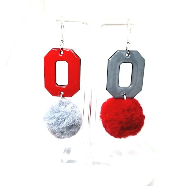 Block O Ohio State Handmade Fun Earrings with Pompoms Scarlet and Gray Go Bucks Game Day Lightweight Buckeye Earrings Ohio State University