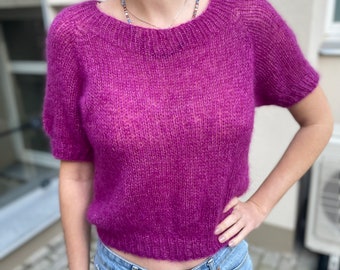 Pull en mohair fait main : pull rose pour femme