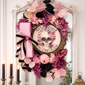 Shabby Chic Halloween, Pink Skull Wreath, Glam Halloween, Skelly Wreath, Halloween Decor, Halloween Door Decor, Pink Halloween, Halloween