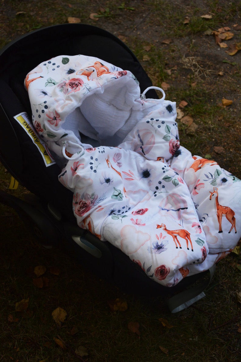 Muslin Car seat wrapper / Blanket / sleeping bag with hood for baby carrier image 2