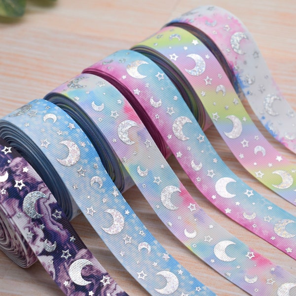 Silver Moon and Stars 25mm Grosgrain Ribbon per metre