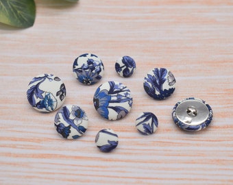 Blue and White Classic Floral Liberty Fabric Covered Handmade Metal Shank Buttons embellishments – 12mm, 18mm & 22mm