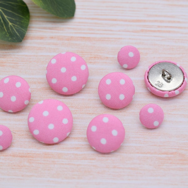 Pink Polka Dot Cotton Fabric Handmade Covered Shank Buttons embellishments – 12mm, 18mm & 22mm