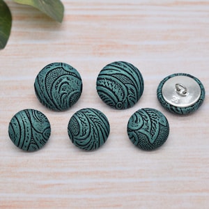Set of 5 Green Decorative Embossed Faux Leather Fabric Covered Handmade Metal Shank Buttons embellishments –18mm & 22mm