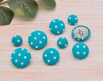 Turquoise Polka Dot Cotton Fabric Handmade Covered Shank Buttons embellishments – 12mm, 18mm & 22mm