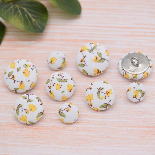 Small Yellow Blossom Floral Pattern Handmade Fabric Covered Shank Buttons embellishments – 12mm, 18mm & 22mm