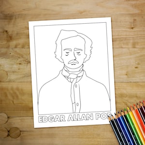 May include: A black and white line drawing of Edgar Allan Poe, a famous American author. The drawing is on a white background with the words "Edgar Allan Poe" printed below the image.