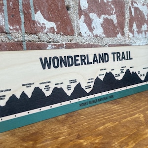 Könnte beinhalten: Holzschild mit dem Wonderland Trail, mit einem schwarzen topografischen Kartendesign. Das Schild enthält den Namen des Trails und den Mount Rainier National Park. Das Schild ist rechteckig mit einem grünen Rand.