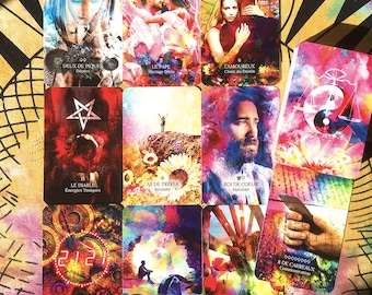 May include: A colorful tarot card deck with images of people, symbols, and landscapes. The cards are arranged in a grid pattern, with the names of the cards written in French below each image.