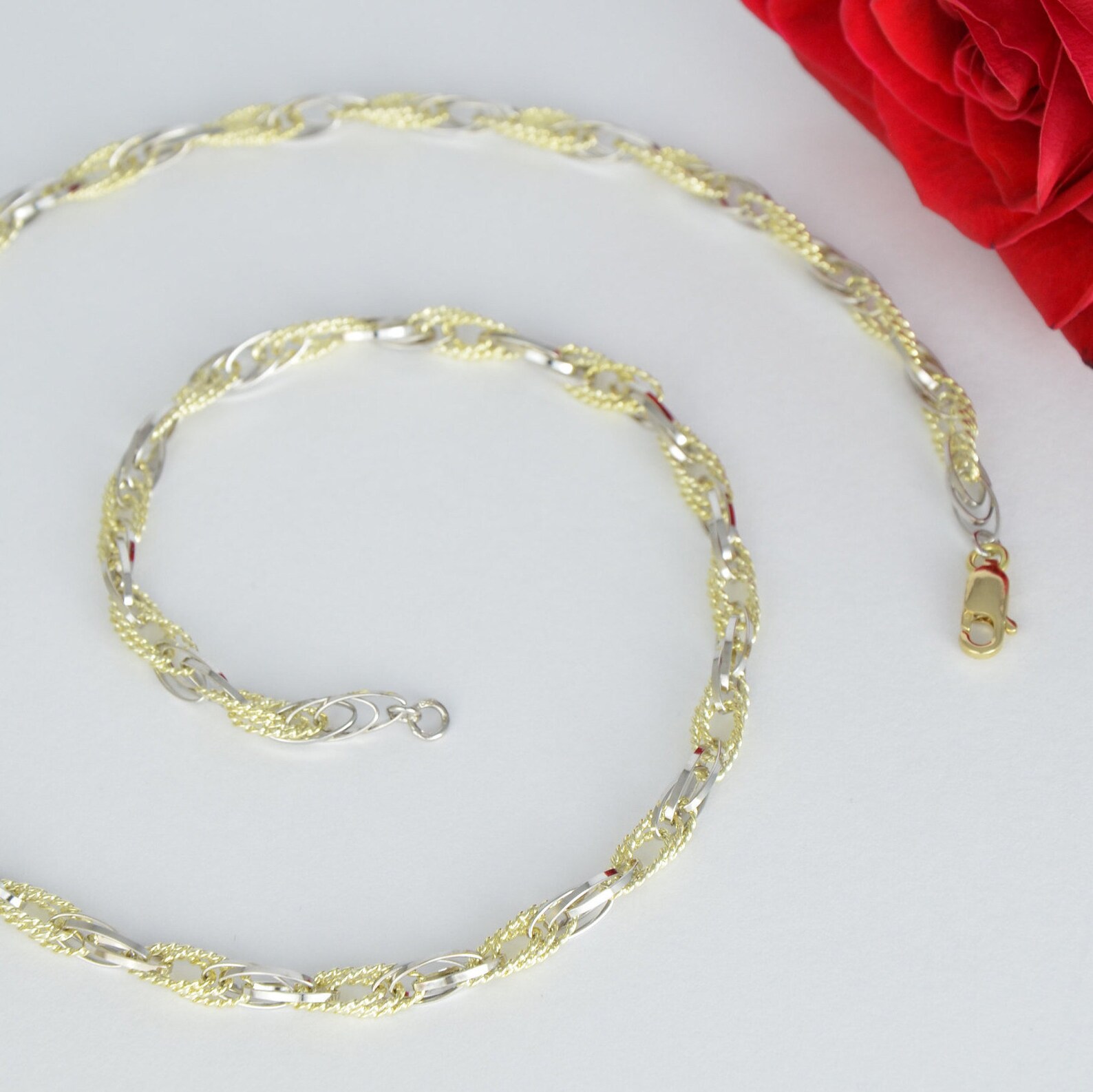 Yellow White Gold Rope Necklace, 14k Mesh Link Necklace, Solid Gold