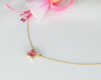 Pink Turmalin Halskette, Turmalin Gold Kette, Fünf Stein Halskette, Geburtsstein Schmuck, Diamant Gold Halskette, Kostenloser Versand