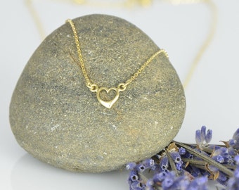 Yellow Gold Tiny Heart Necklace, 14k Heart Pendant Chain, Gold Heart Charm Necklace, Gold Girlfriend Heart Necklace, Gold Valentine Necklace