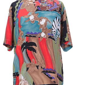90s colorful print blouse Sergio do Laurenti. 1990s oversized khaki women&#39;s top. Y2K khaki women&#39;s blouse. Vintage oversized colorful top.