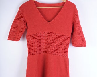 70s red wool dress  Vintage groovy knitted dress red wool mini sexi dress. Crochet dress Size EU 34 - XS