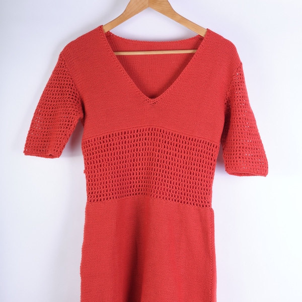 70s red wool dress  Vintage groovy knitted dress red wool mini sexi dress. Crochet dress Size EU 34 - XS