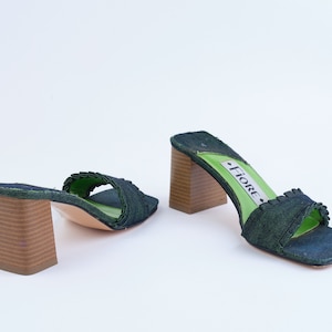 Y2K block mid heel mules. Vintage square-toe green jeans mules from the early 2000s.