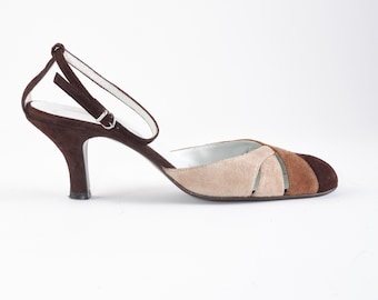 Vintage Suede Mary Jane Kitten Heels: Y2K Brown Slingbacks, EU 38