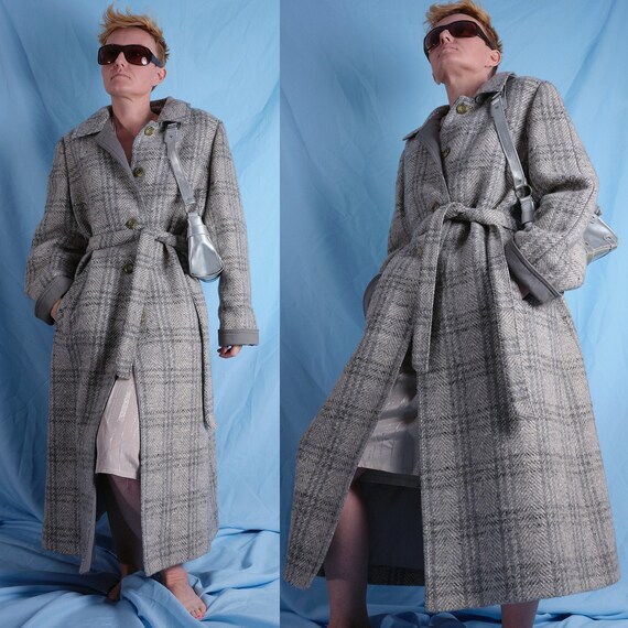 80s oversized belted plaid coat. Vintage wool, cas