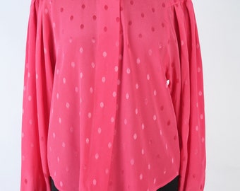 80s disco shirt with batwing long sleeves. Vintage pink blouse with polka dot patterns from the 1980s.  Szie UK 10