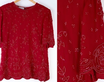 80er rote Seidenbluse Vintage bestickte Abendbluse 1990er rote Seidenbluse Gr. M