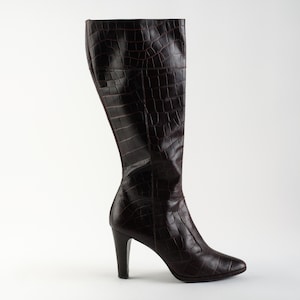 Y2K pointy boots/Vintage high-knee brown leather boots/ high boots zipper on the side/ 2000s high heel black high boots/croco high boots