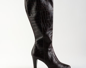 Y2K Croco Brown Leather Pointy High Heel Boots, Size EU 40