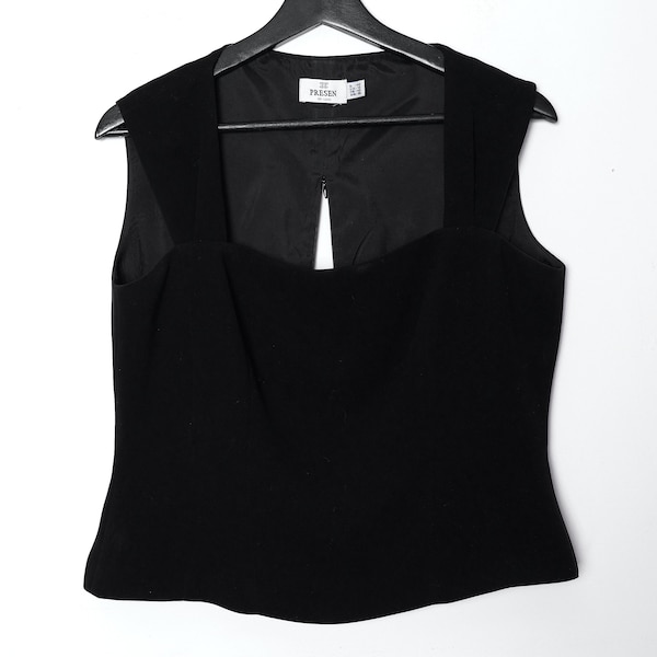 black crop blouse Y2K top Presen de Luxe Vintage elegant sleeveless top minimalist square neckline blouse