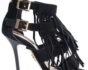2000s ankle strap suede stilettos vinatge Juicy Couture high heels y2k tassel sandals black suede high heeled sandals
